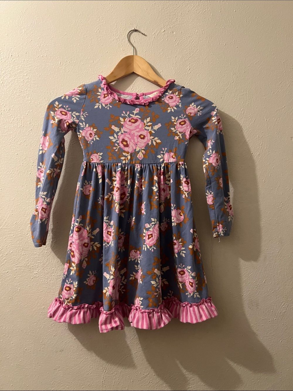 Girls' Floral Long-Sleeve Ruffle Hem Dress - Pink on Gray